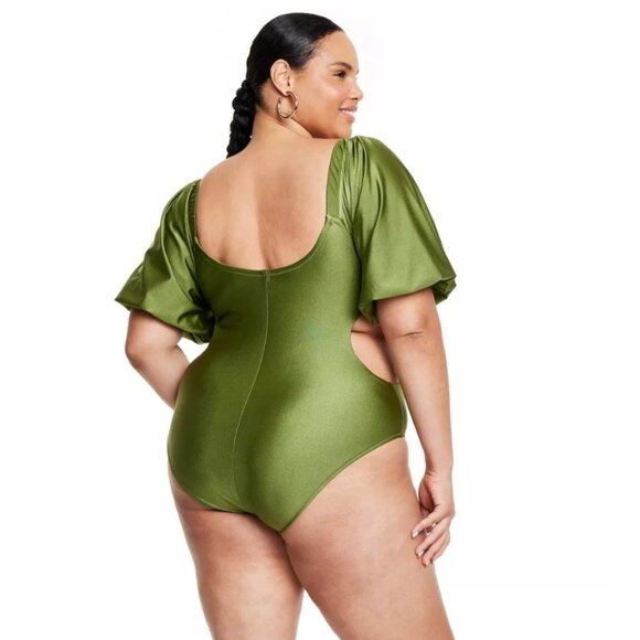 NWT Fe Noel Metallic Puff Sleeve Cut Out Medium Coverage One Piece Swimsuit - Picture 4 of 4